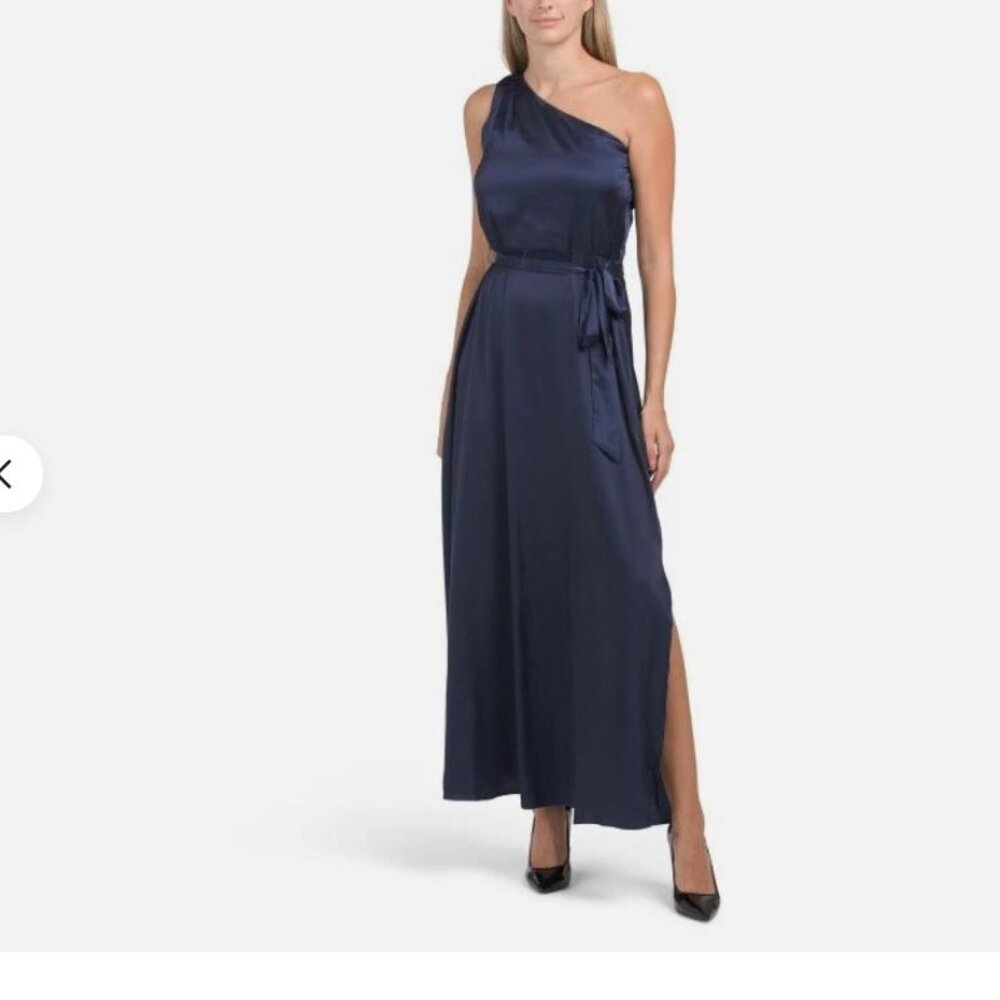 NWT Nicole Miller New York One Shoulder Navy Satin Gown Sleeveless Dress